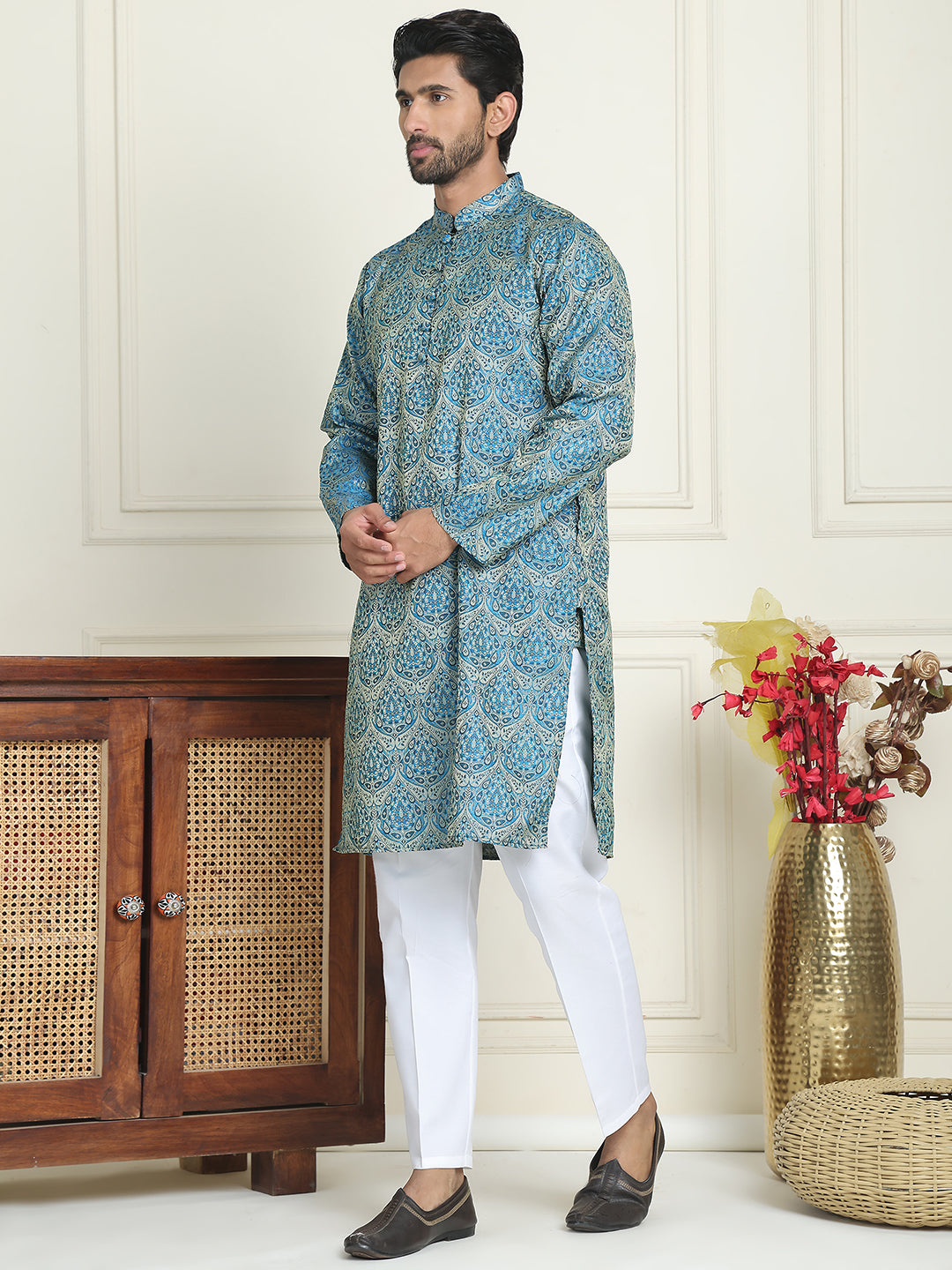 Men's Silk Blend Straight Kurta Pyjama Set ( JOKP P 5043 Blue )