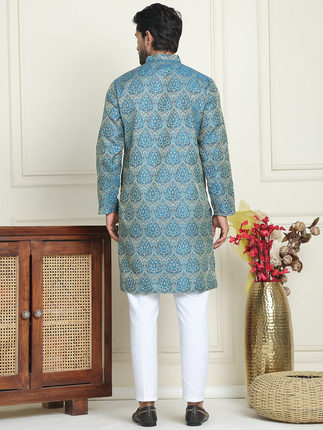 Men's Silk Blend Straight Kurta Pyjama Set ( JOKP P 5043 Blue )