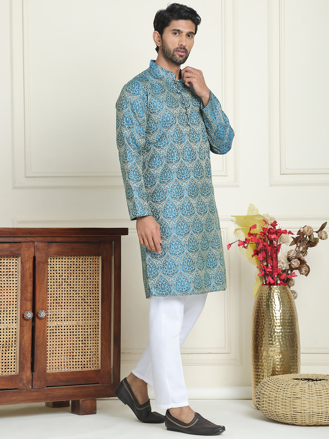 Men's Silk Blend Straight Kurta Pyjama Set ( JOKP P 5043 Blue )