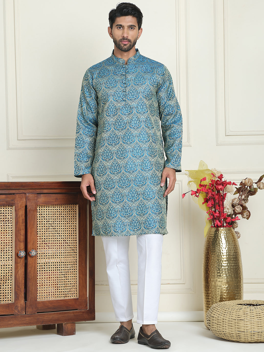 Men's Silk Blend Straight Kurta Pyjama Set ( JOKP P 5043 Blue )