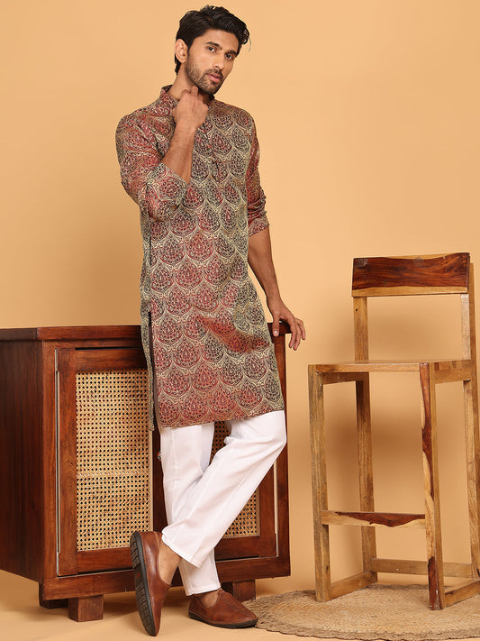 Men's Silk Blend Straight Kurta Pyjama Set ( JOKP P 5043 Maroon )