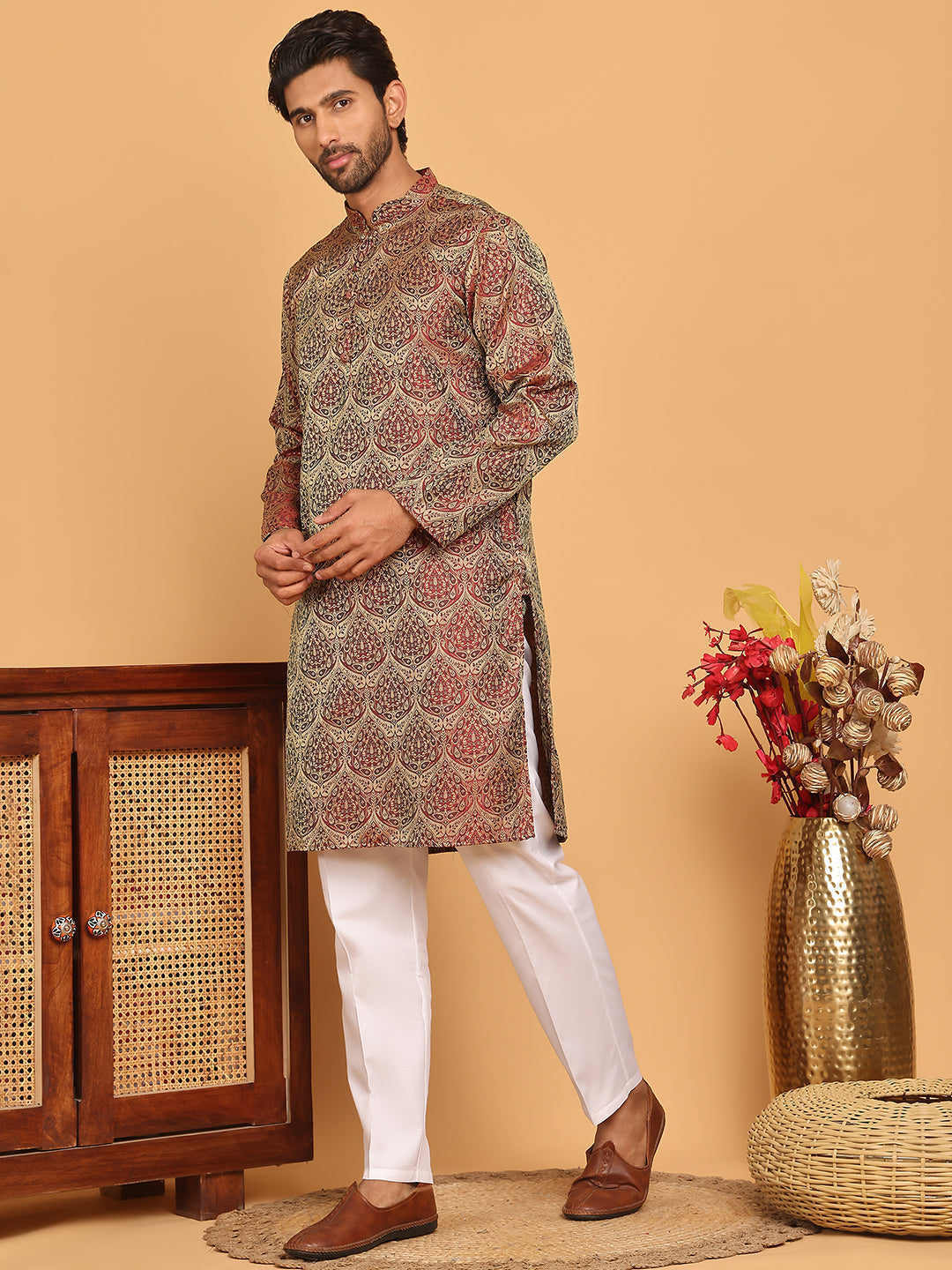 Men's Silk Blend Straight Kurta Pyjama Set ( JOKP P 5043 Maroon )