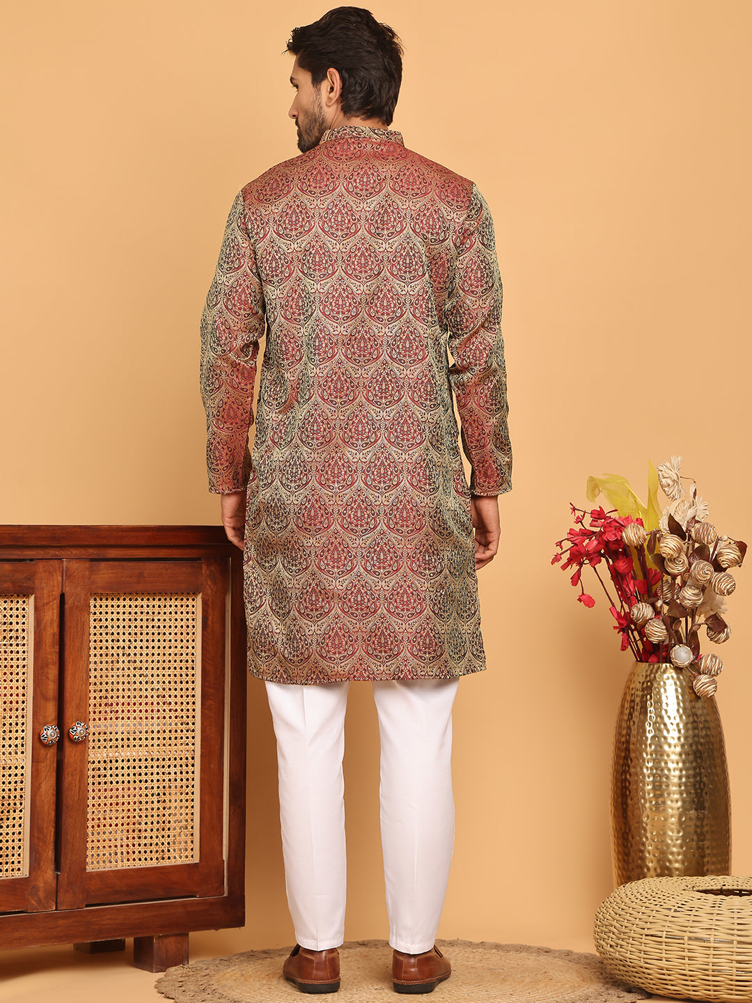 Men's Silk Blend Straight Kurta Pyjama Set ( JOKP P 5043 Maroon )