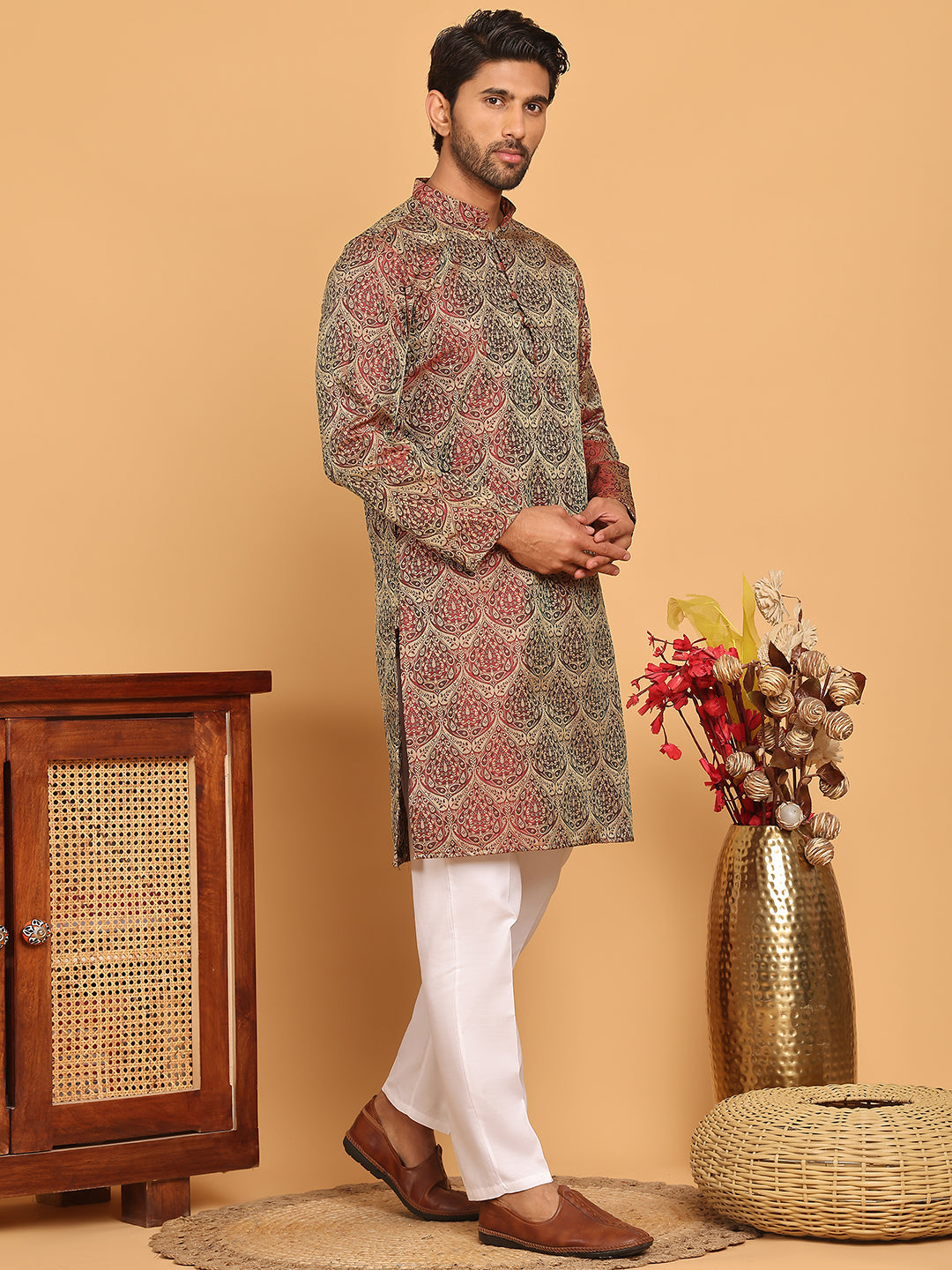 Men's Silk Blend Straight Kurta Pyjama Set ( JOKP P 5043 Maroon )