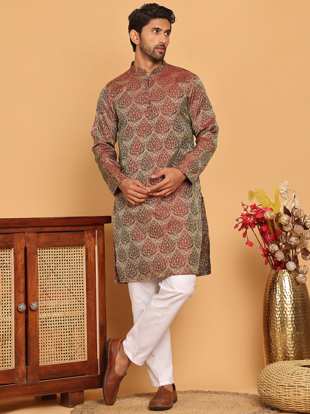 Men's Silk Blend Straight Kurta Pyjama Set ( JOKP P 5043 Maroon )