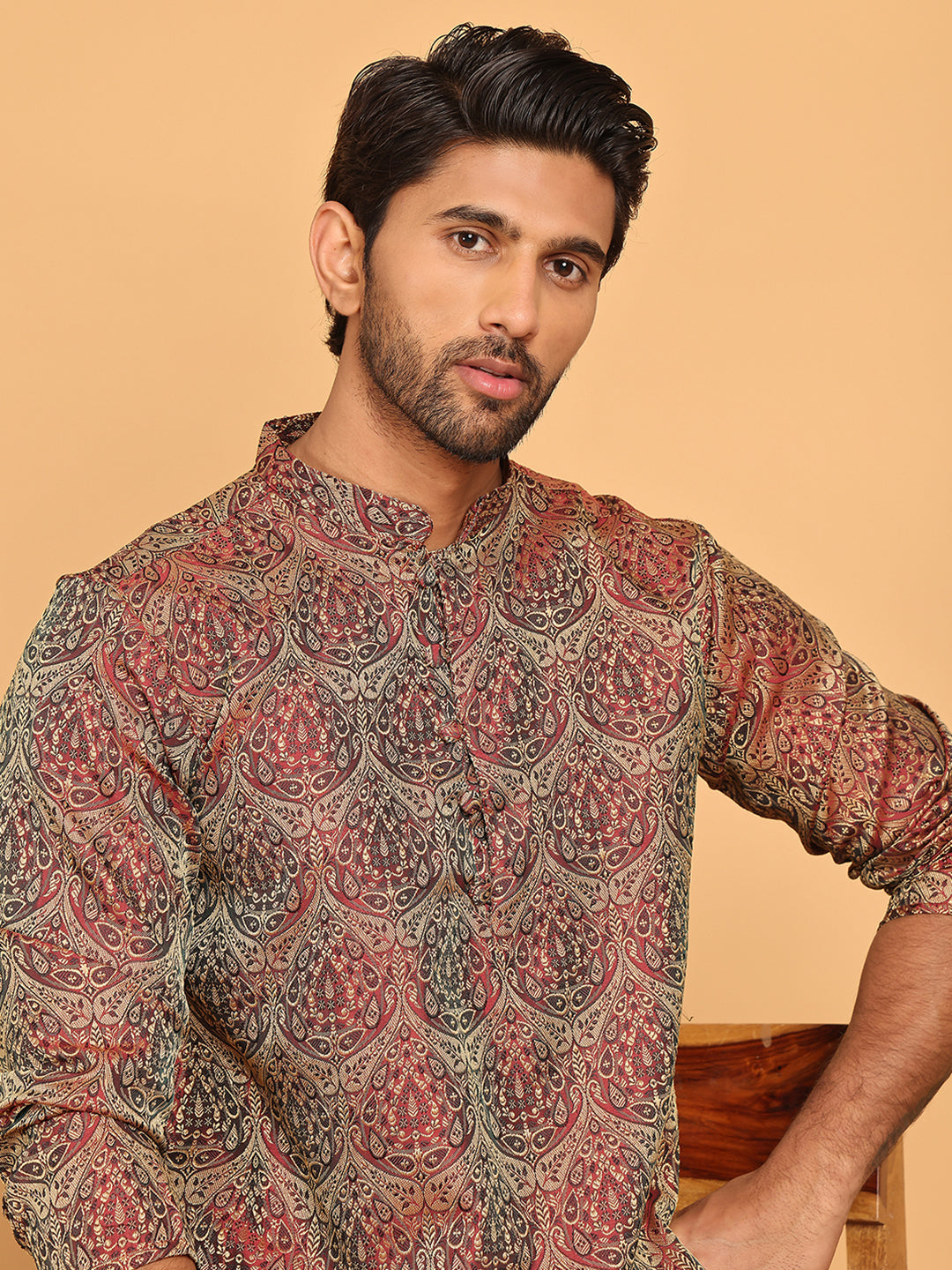 Men's Silk Blend Straight Kurta Pyjama Set ( JOKP P 5043 Maroon )