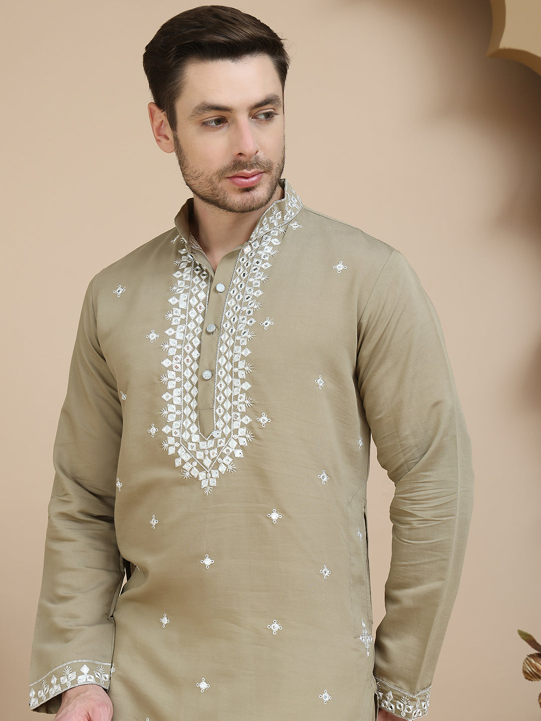Men's Embroidered Kurta With Pyjama ( JOKP P 5045 Brown )