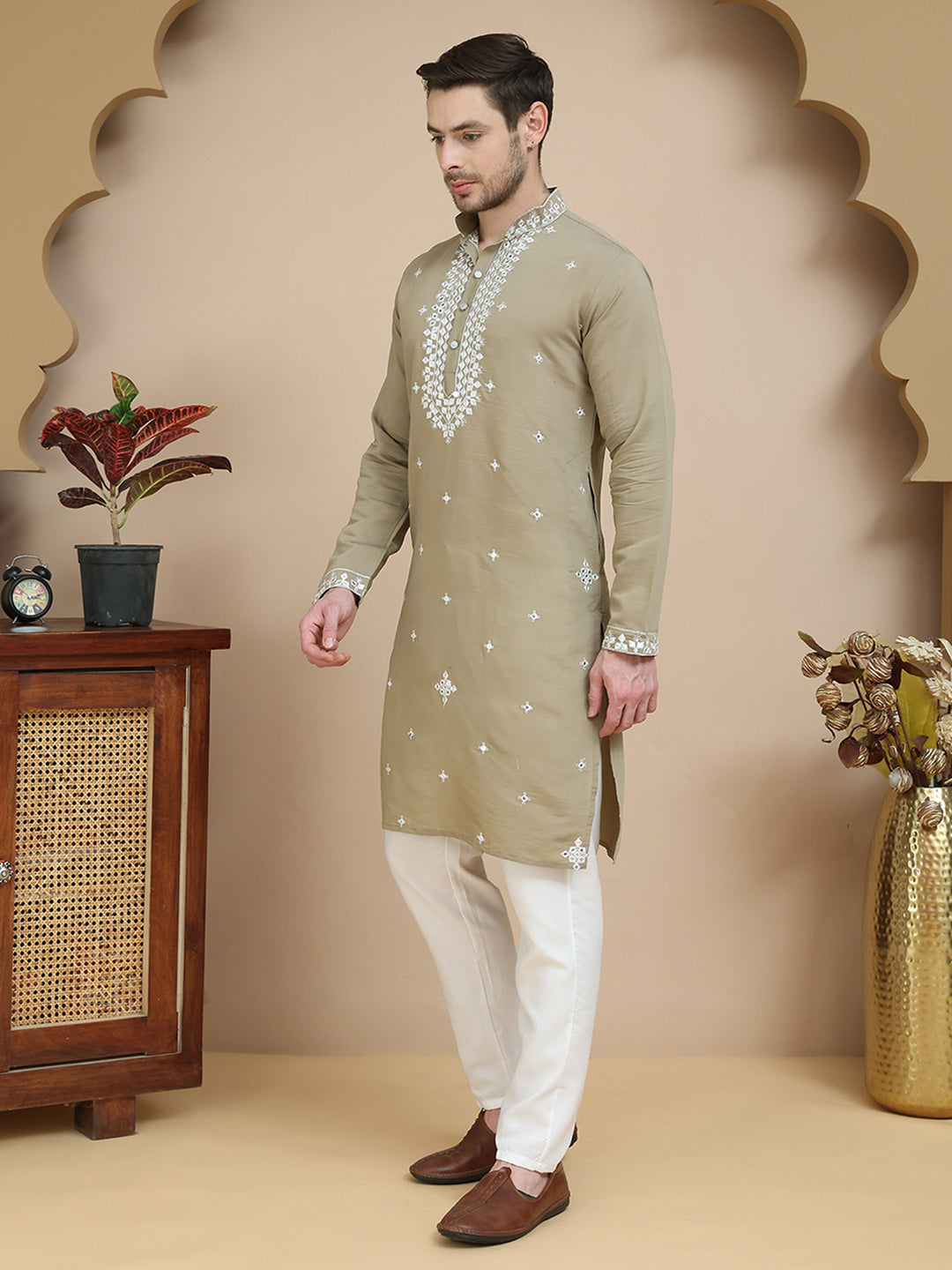 Men's Embroidered Kurta With Pyjama ( JOKP P 5045 Brown )