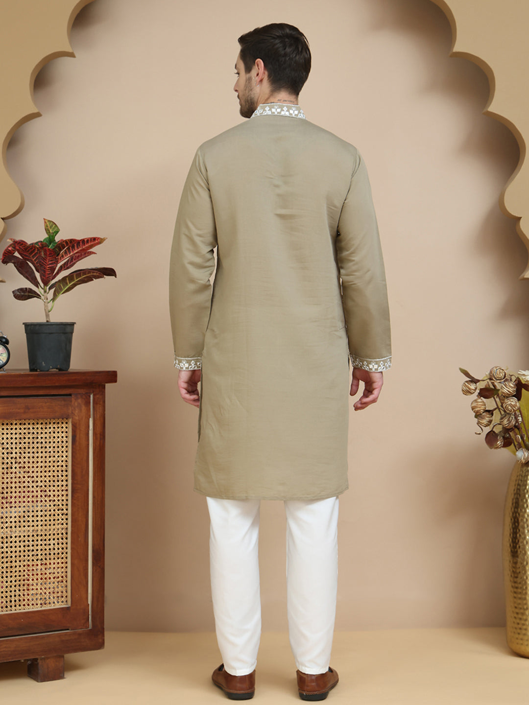 Men's Embroidered Kurta With Pyjama ( JOKP P 5045 Brown )