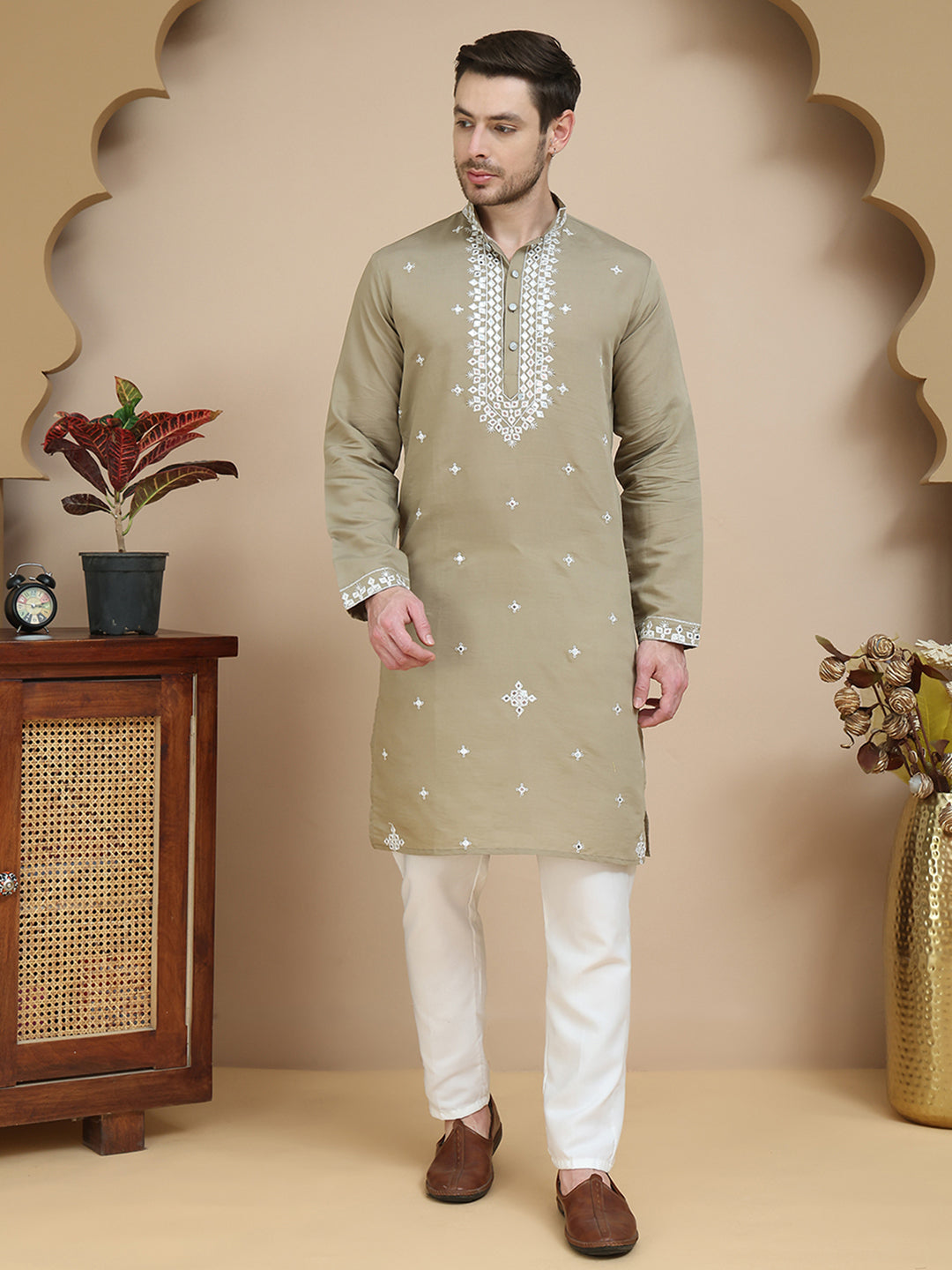 Men's Embroidered Kurta With Pyjama ( JOKP P 5045 Brown )