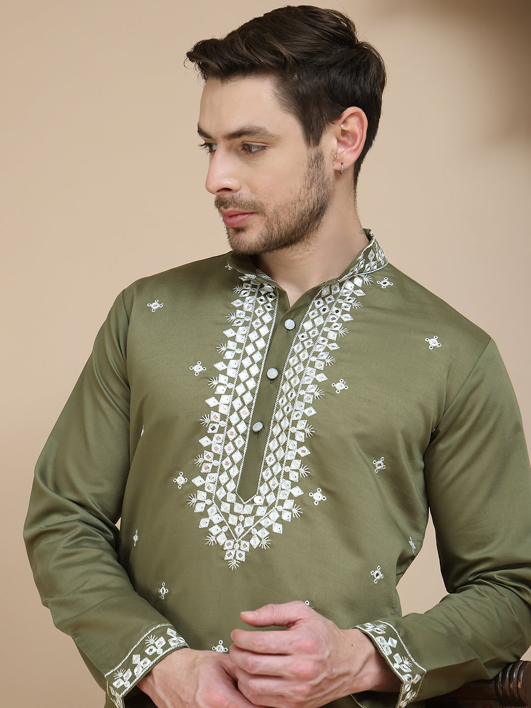 Men's Embroidered Kurta With Pyjama ( JOKP P 5045 Olive )
