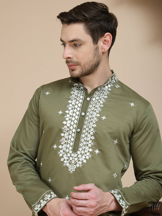 Men's Embroidered Kurta With Pyjama ( JOKP P 5045 Olive )