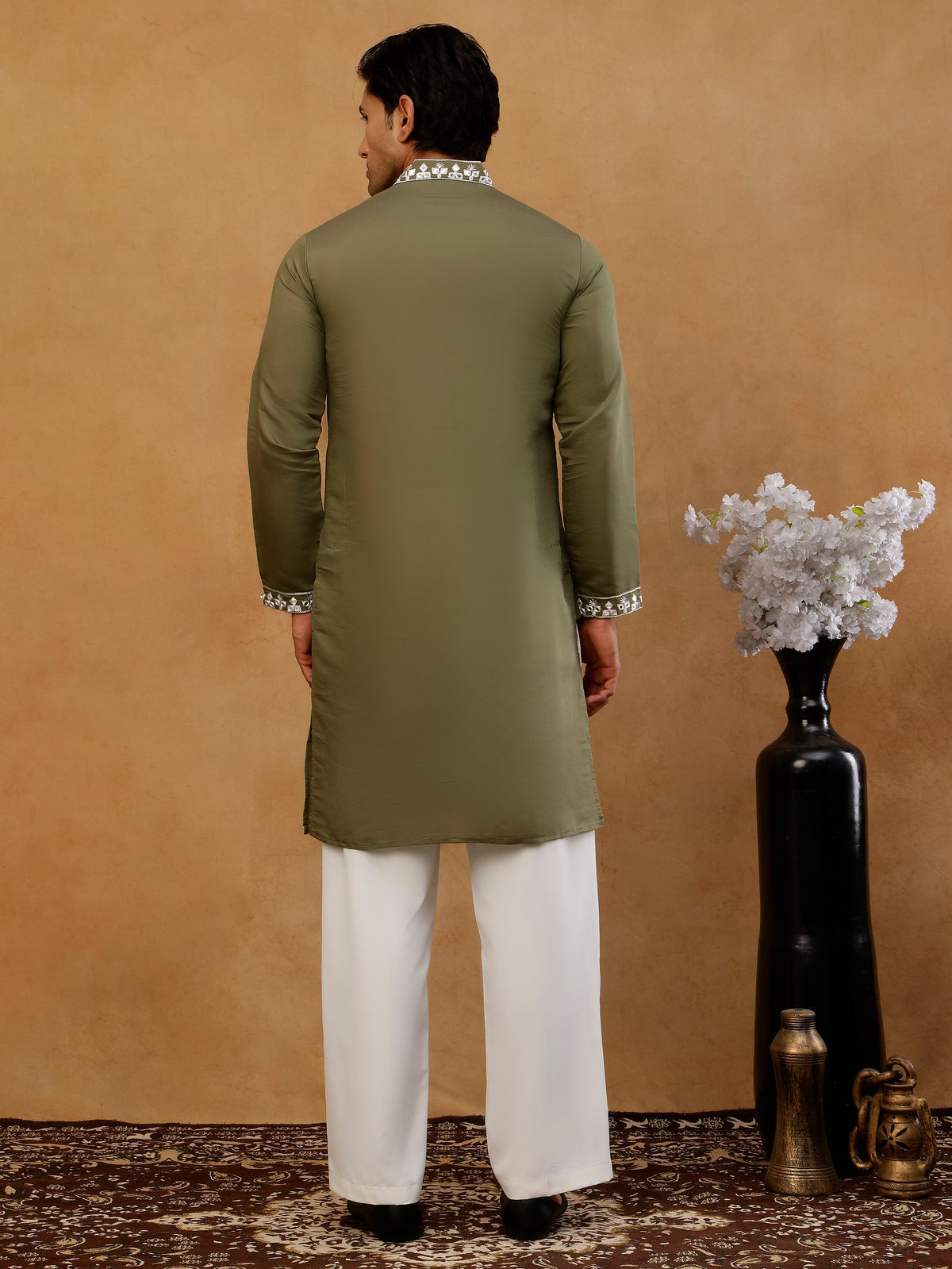 Men's Silk Embroidered Kurta With Korean Pants ( JOKP PJ11W S 5045 Olive )