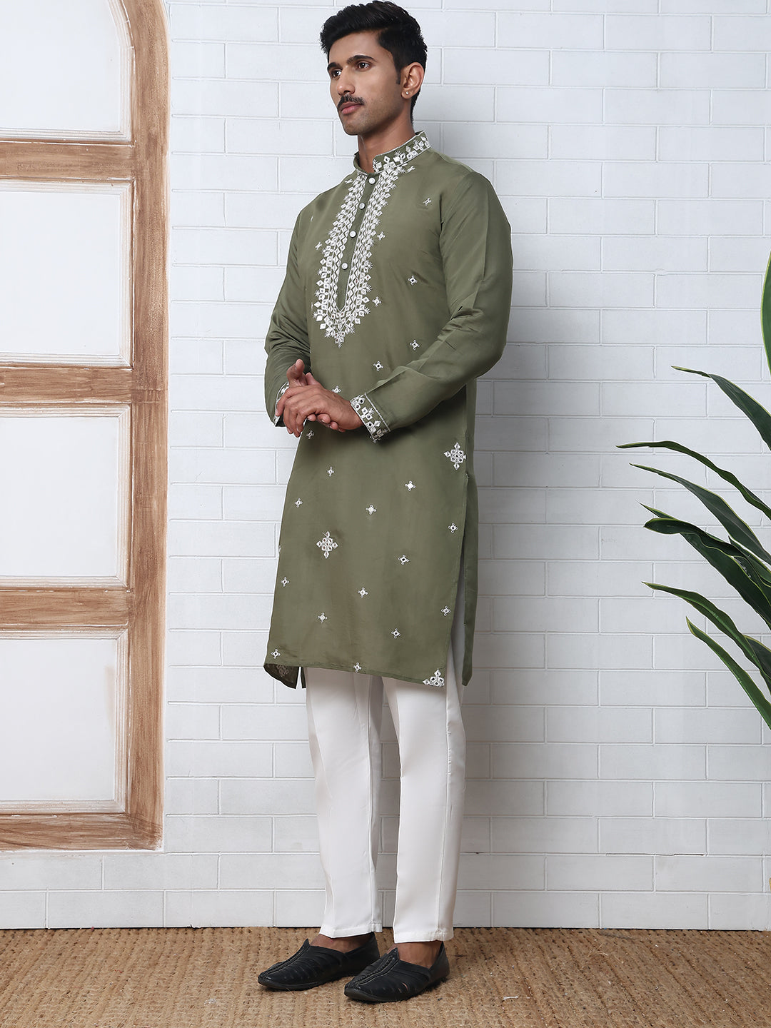 Men's Embroidered Kurta With Pyjama ( JOKP P 5045 P 5045Olive )