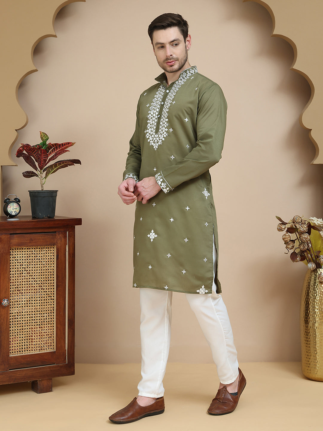Men's Embroidered Kurta With Pyjama ( JOKP P 5045 Olive )