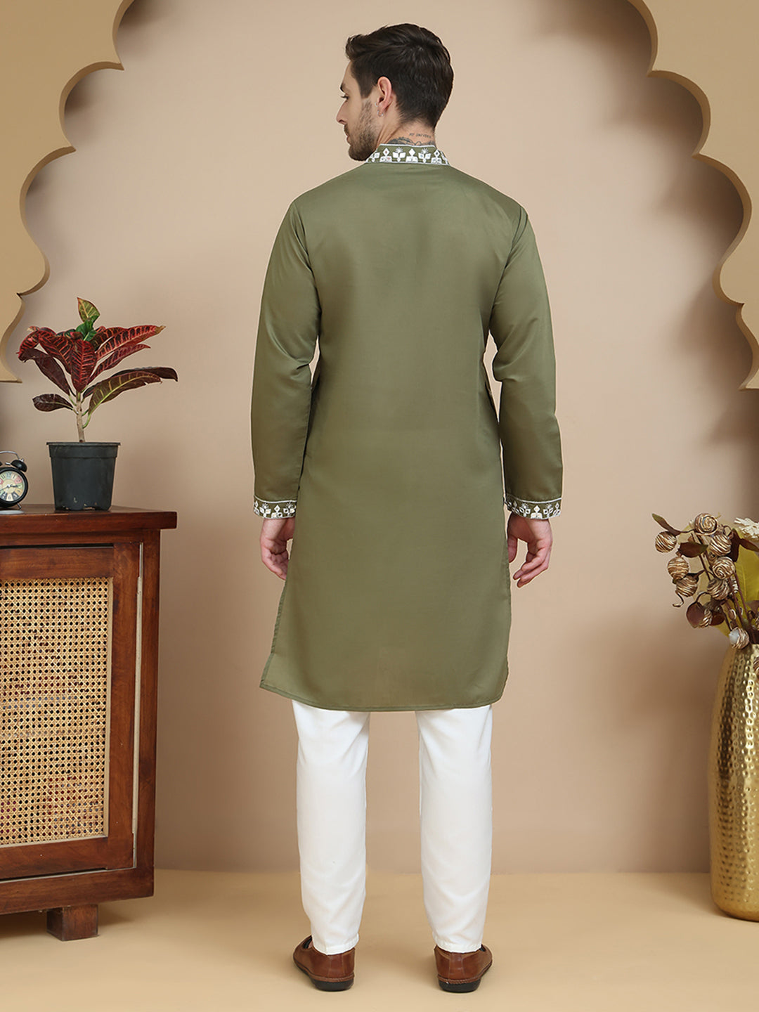 Men's Embroidered Kurta With Pyjama ( JOKP P 5045 Olive )