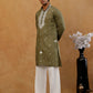 Men's Silk Embroidered Kurta With Korean Pants ( JOKP PJ11W S 5045 Olive )