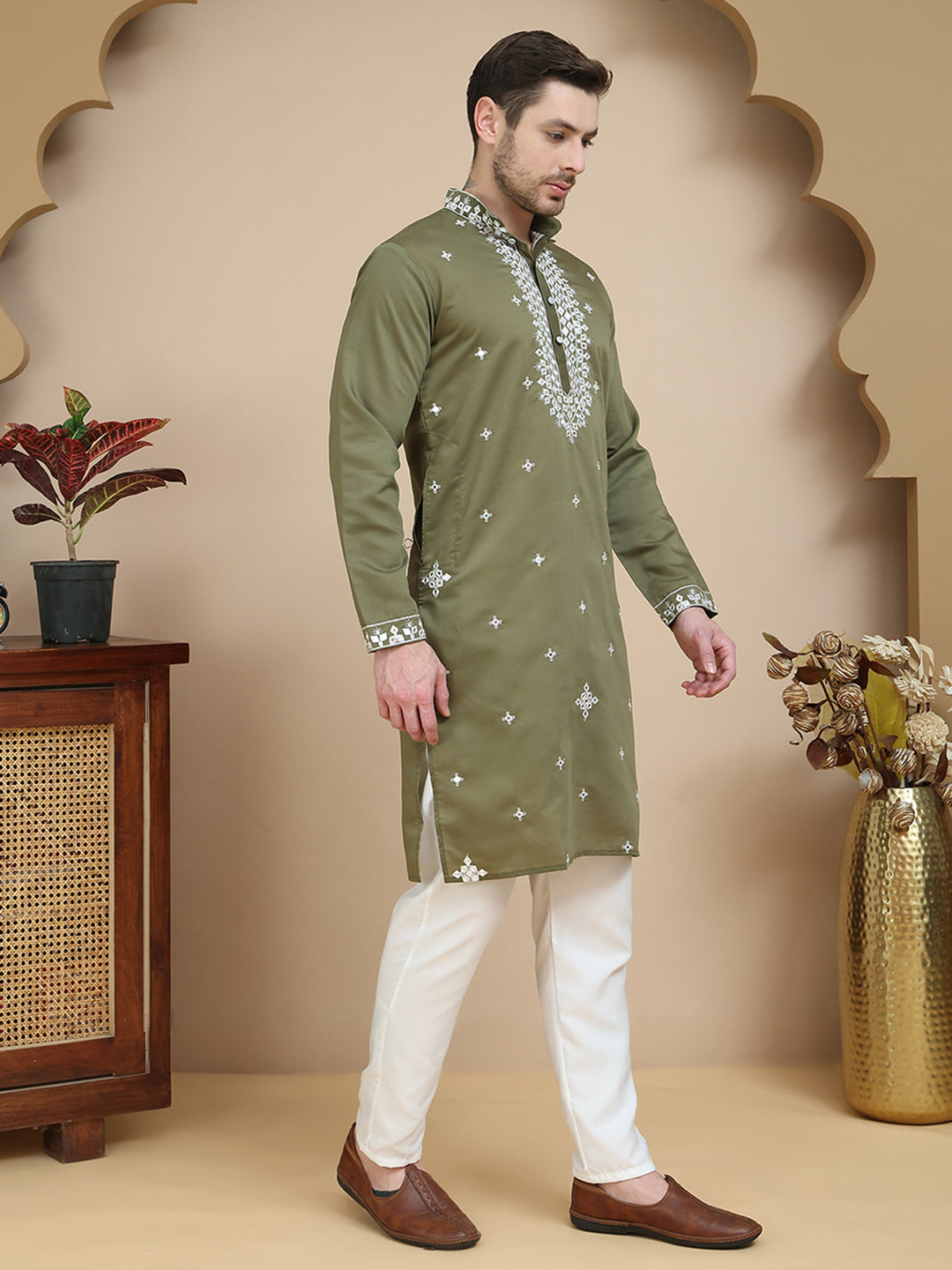 Men's Embroidered Kurta With Pyjama ( JOKP P 5045 Olive )