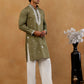 Men's Silk Embroidered Kurta With Korean Pants ( JOKP PJ11W S 5045 Olive )