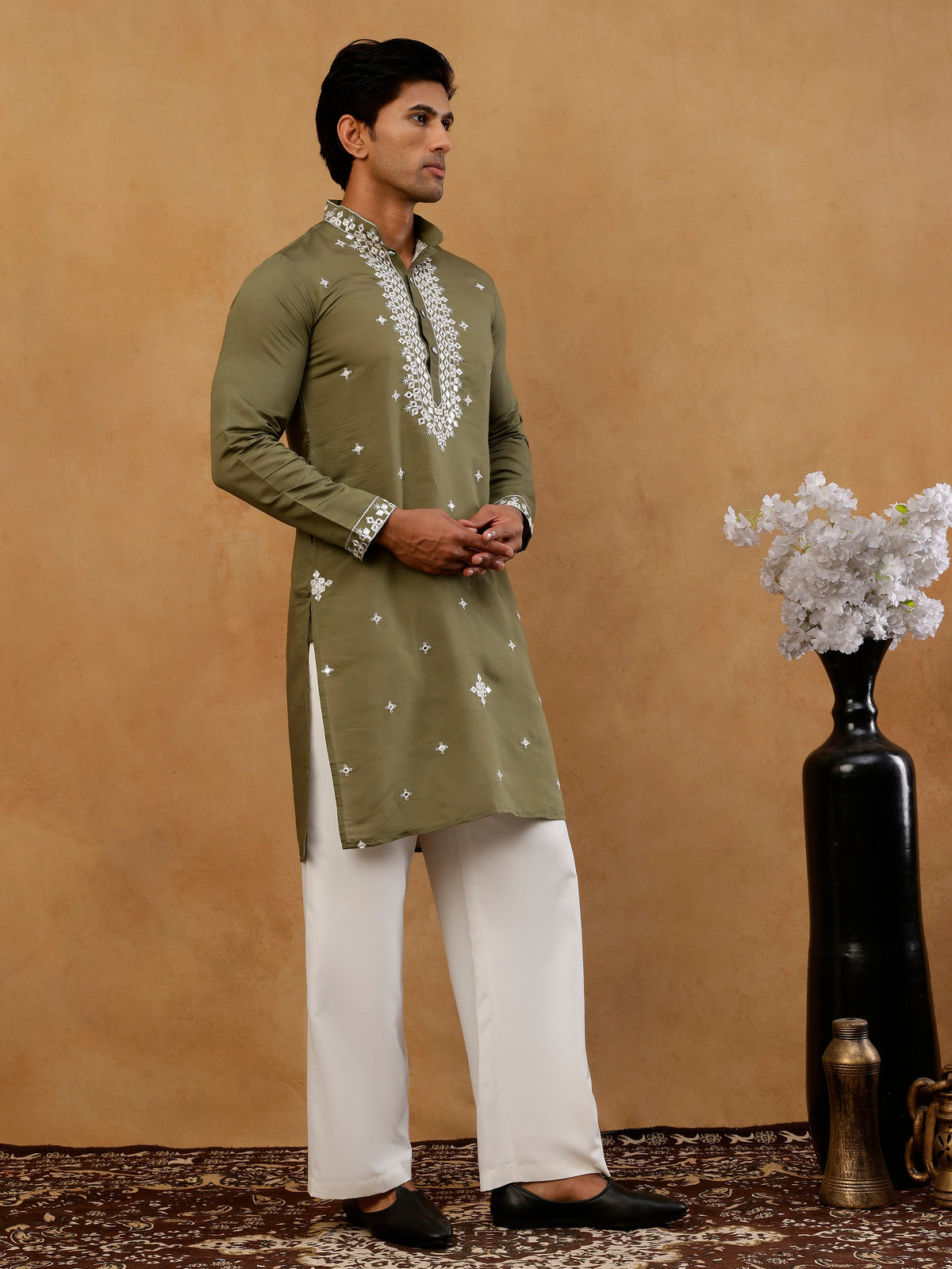 Men's Silk Embroidered Kurta With Korean Pants ( JOKP PJ11W S 5045 Olive )