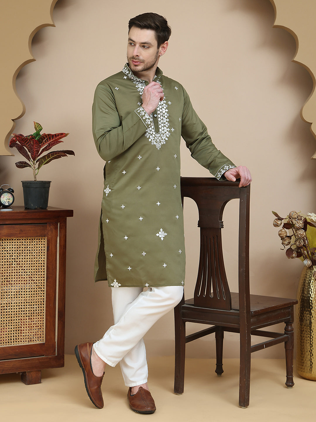 Men's Embroidered Kurta With Pyjama ( JOKP P 5045 Olive )