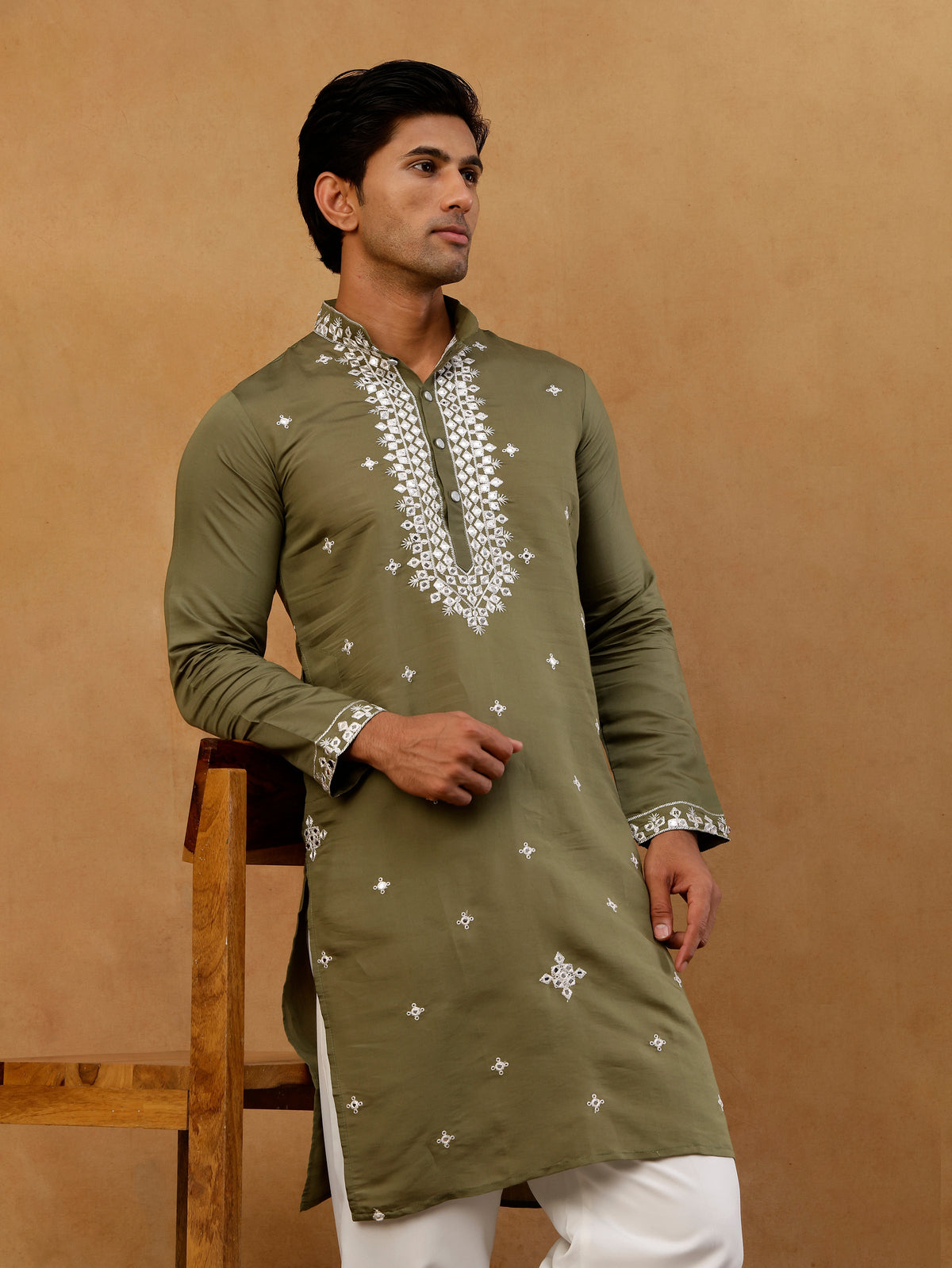 Men's Silk Embroidered Kurta With Korean Pants ( JOKP PJ11W S 5045 Olive )