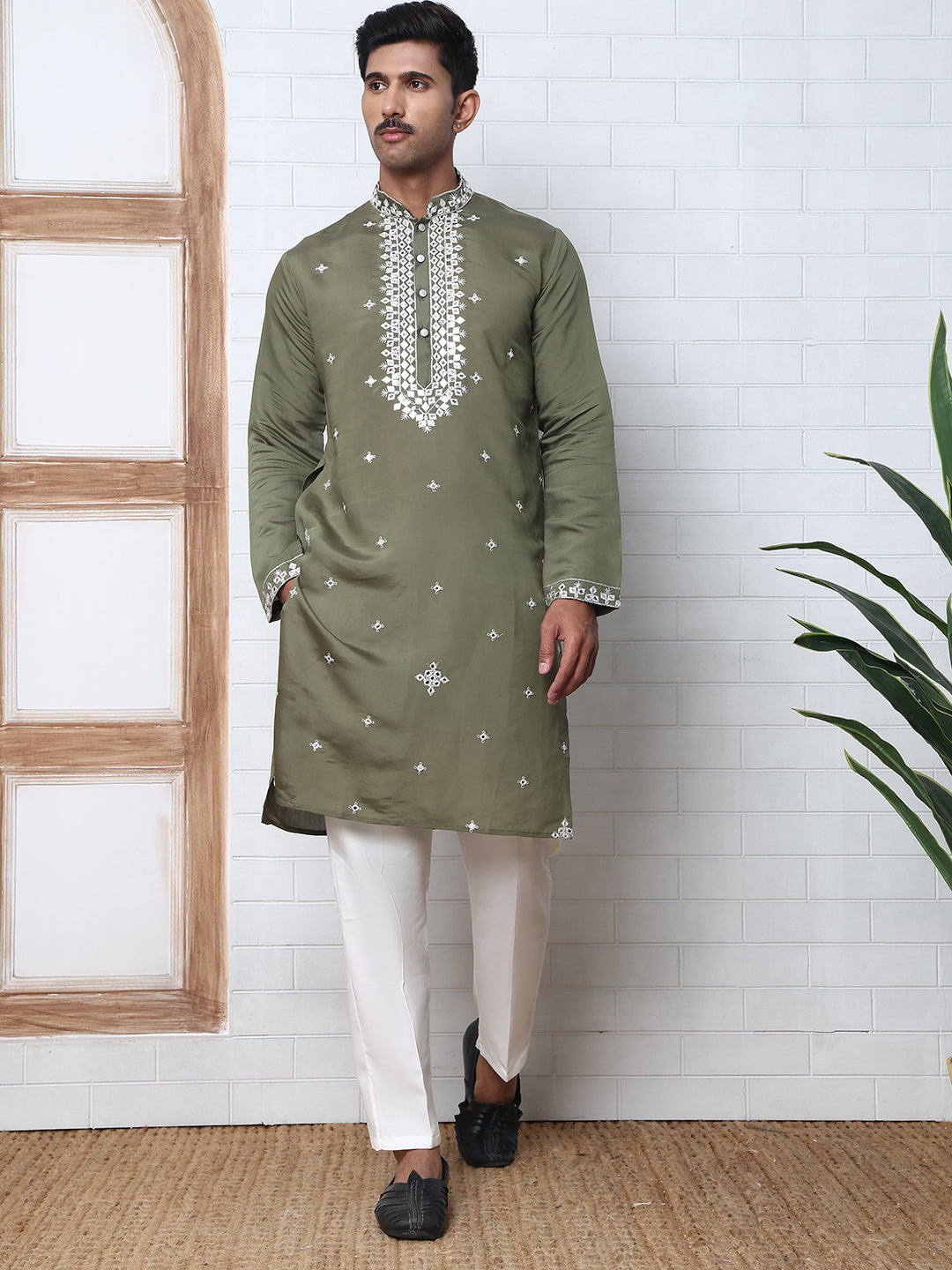Men's Embroidered Kurta With Pyjama ( JOKP P 5045 P 5045Olive )