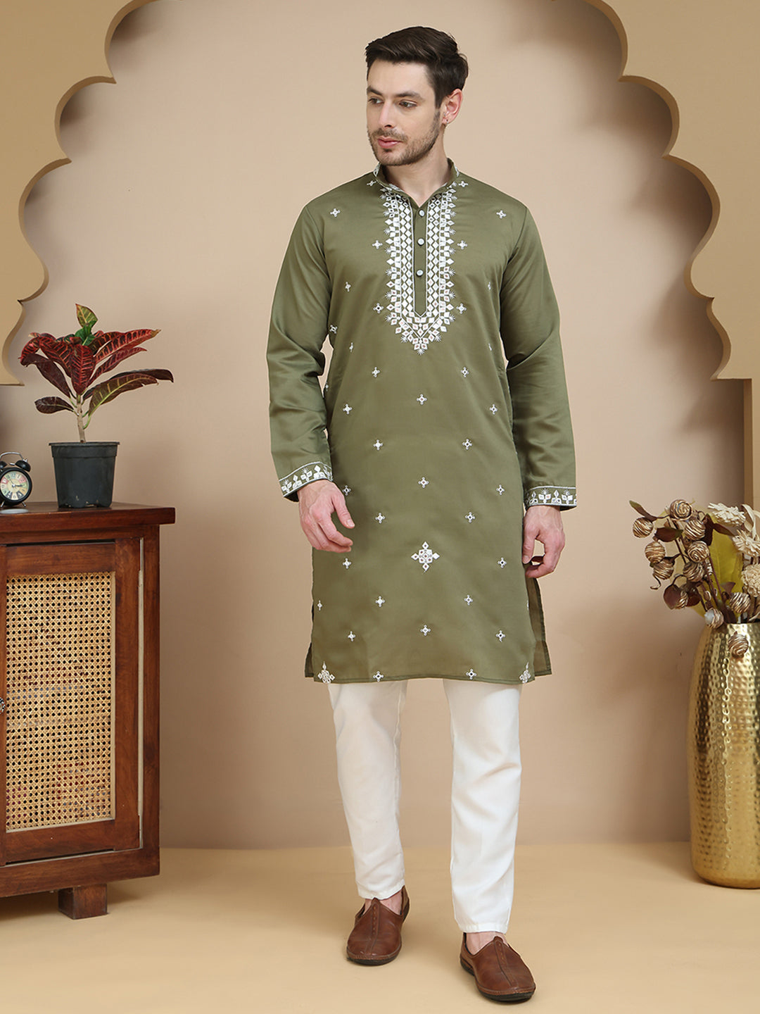 Men's Embroidered Kurta With Pyjama ( JOKP P 5045 Olive )