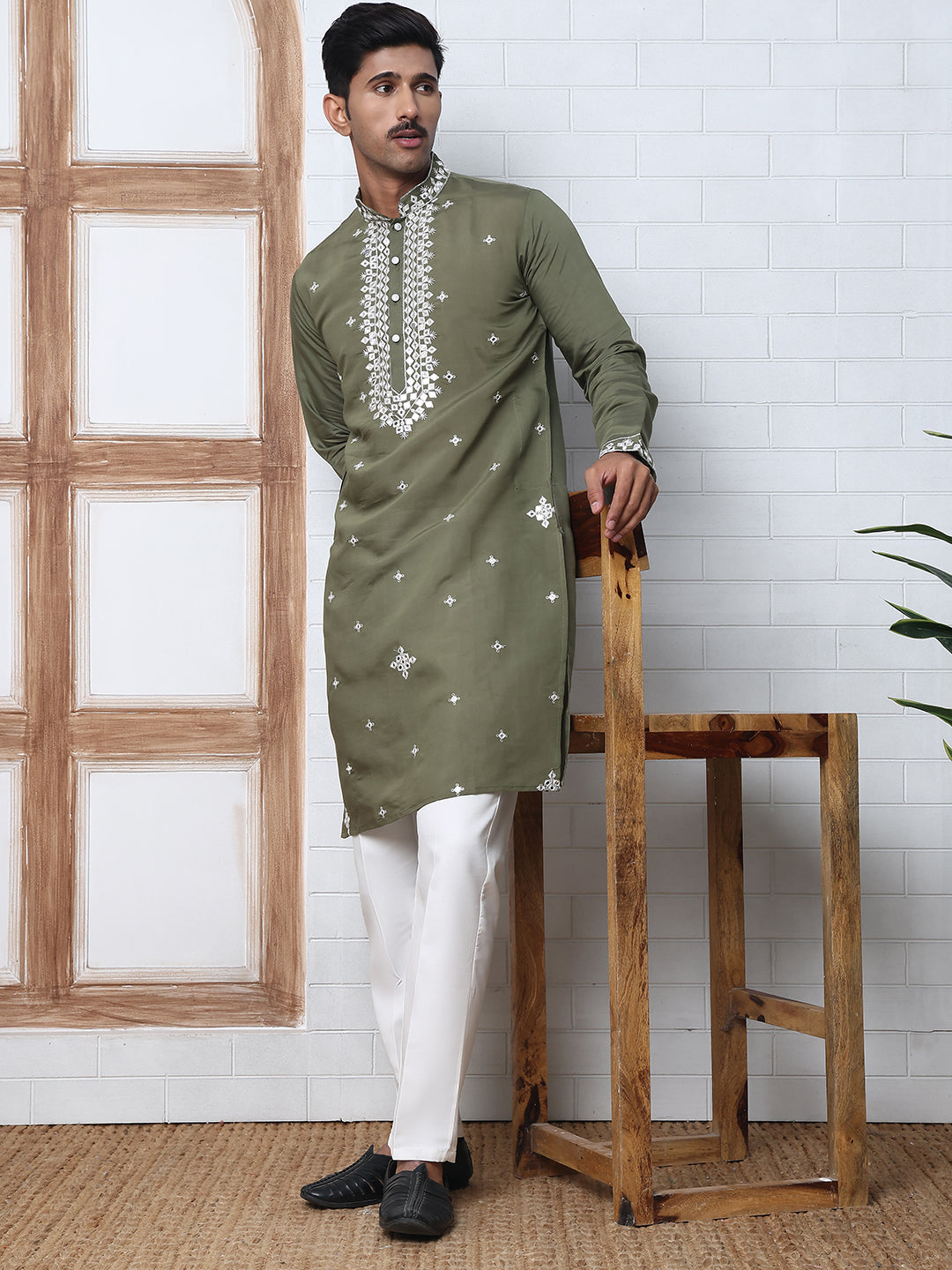 Men's Embroidered Kurta With Pyjama ( JOKP P 5045 P 5045Olive )
