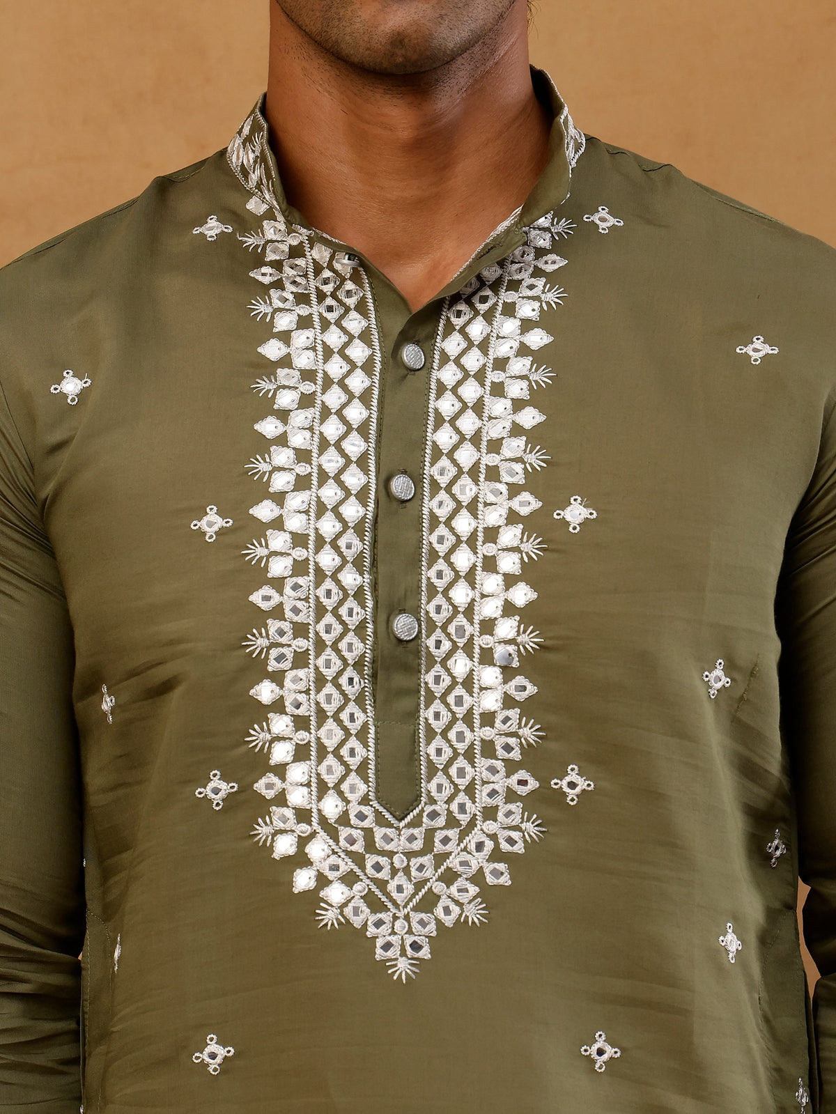 Men's Silk Embroidered Kurta With Korean Pants ( JOKP PJ11W S 5045 Olive )