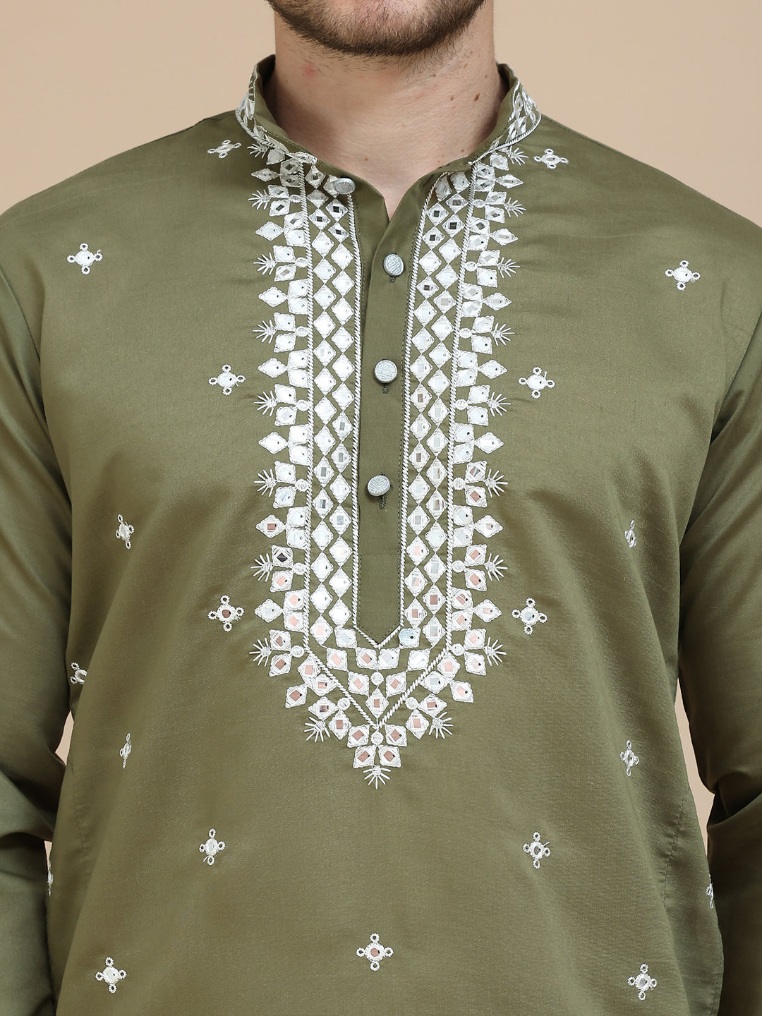 Men's Embroidered Kurta With Pyjama ( JOKP P 5045 Olive )
