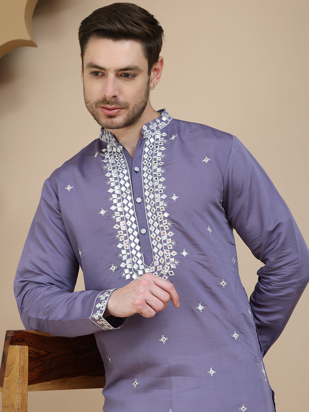Men's Embroidered Kurta With Pyjama ( JOKP P 5045 Purple )