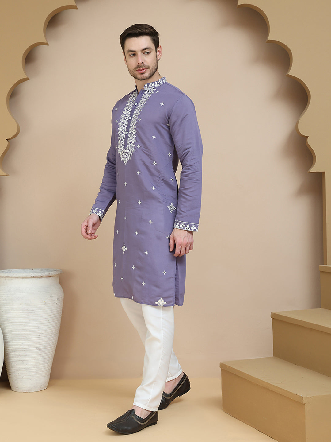 Men's Embroidered Kurta With Pyjama ( JOKP P 5045 Purple )