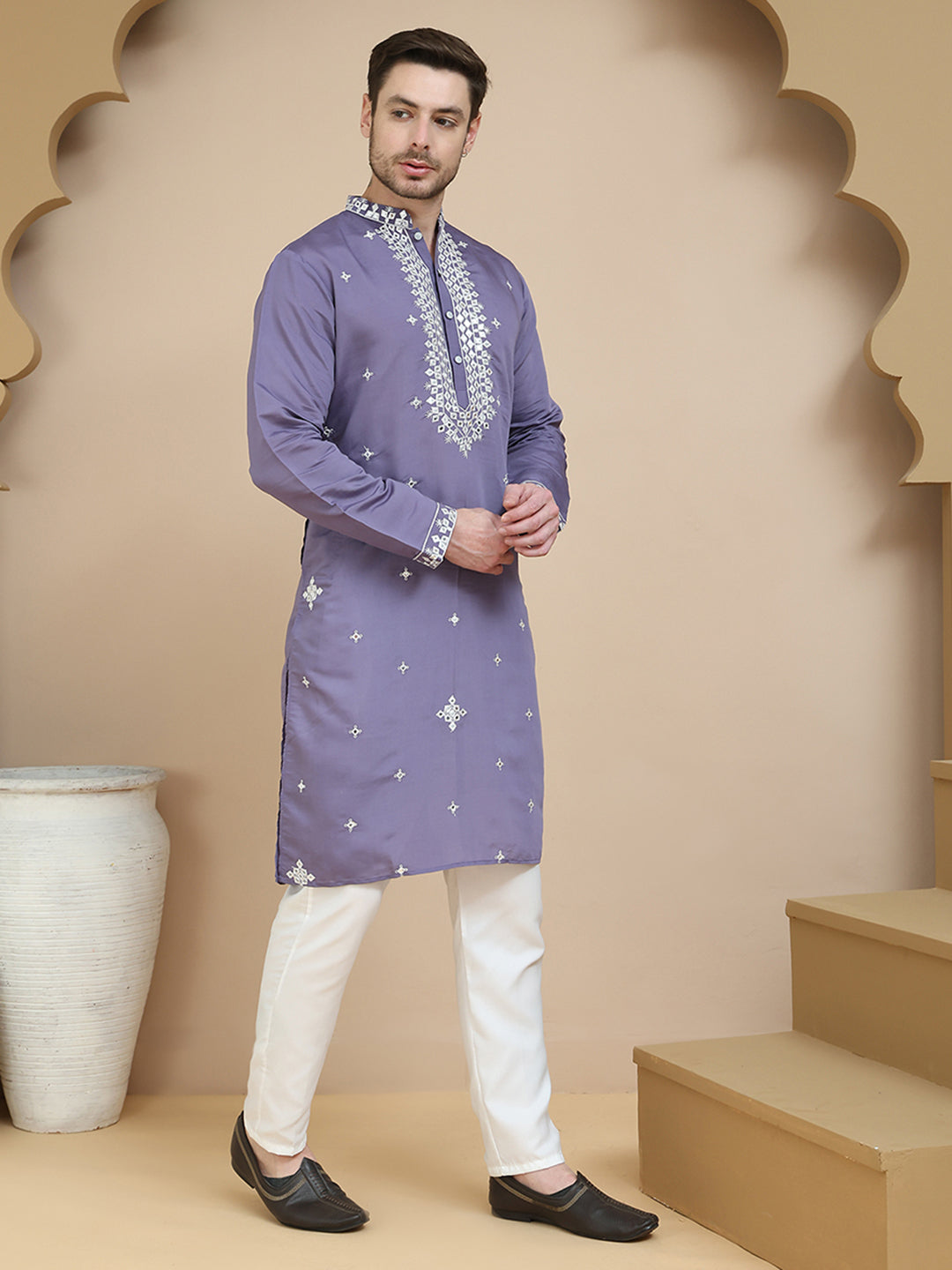 Men's Embroidered Kurta With Pyjama ( JOKP P 5045 Purple )