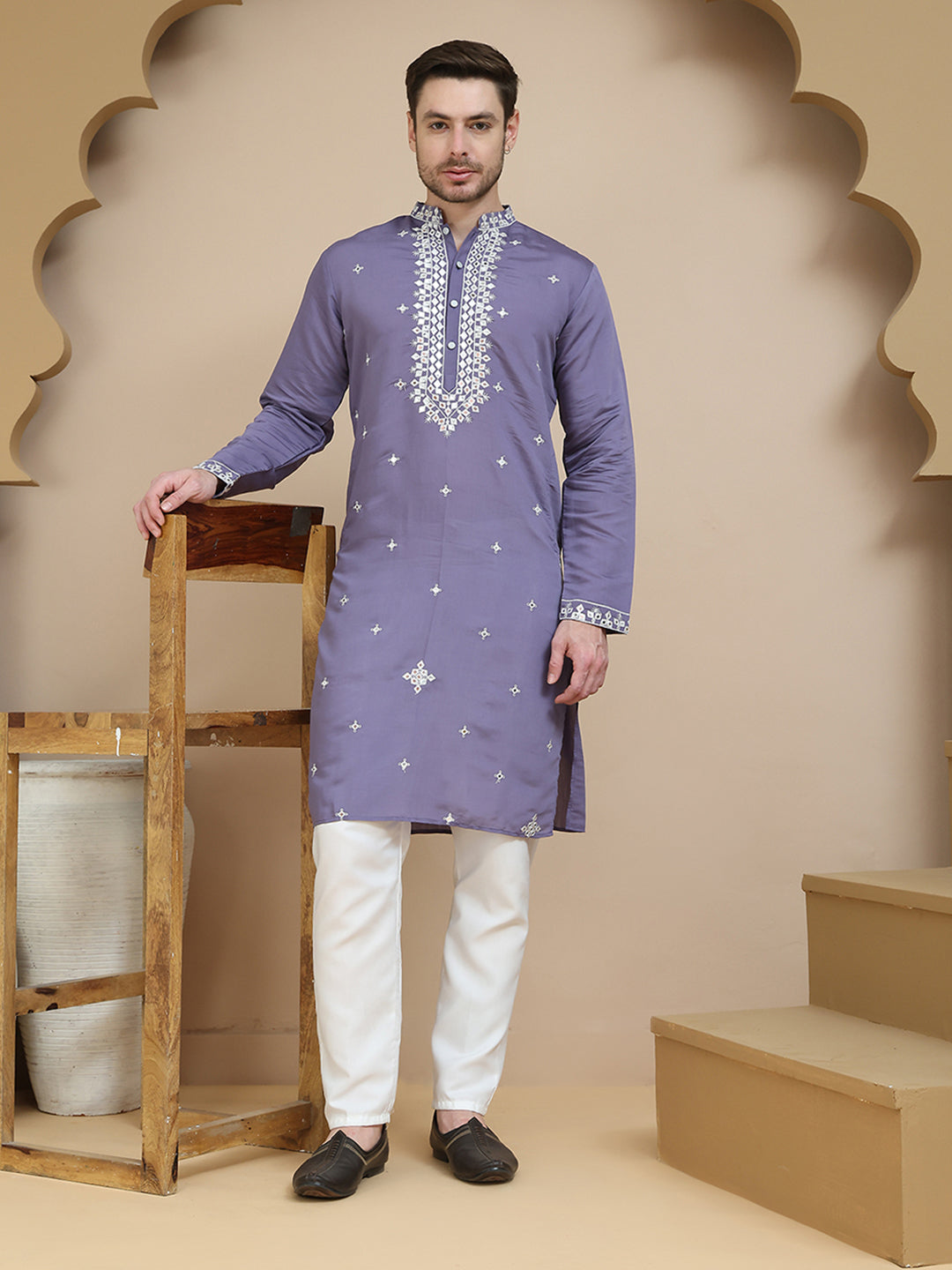 Men's Embroidered Kurta With Pyjama ( JOKP P 5045 Purple )