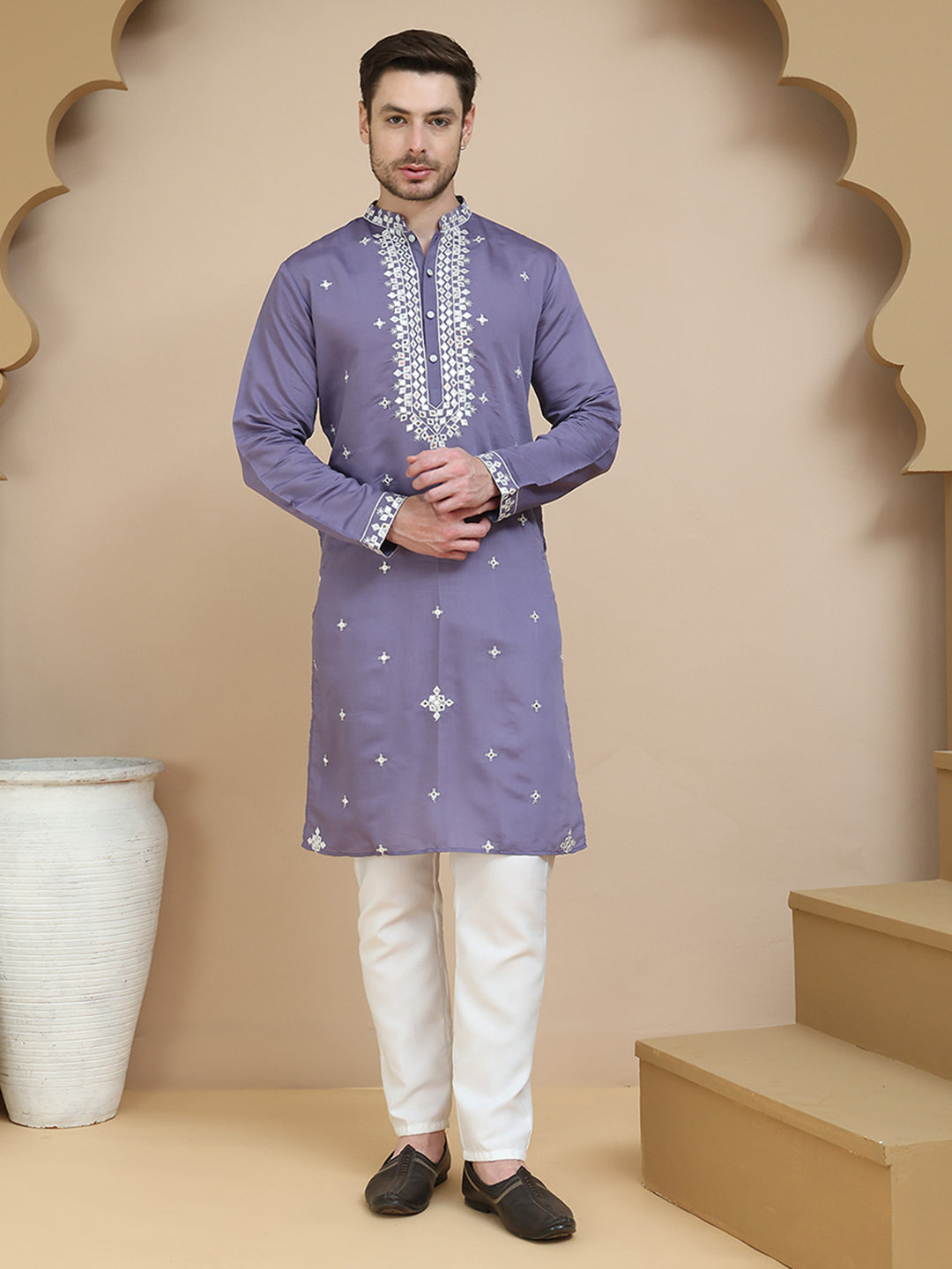 Men's Embroidered Kurta With Pyjama ( JOKP P 5045 Purple )
