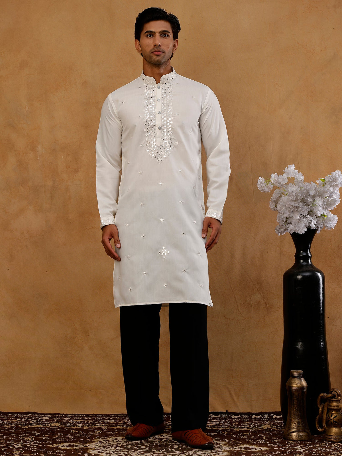 Men's Silk Embroidered Kurta With Korean Pants ( JOKP PJ11B S 5045 White )