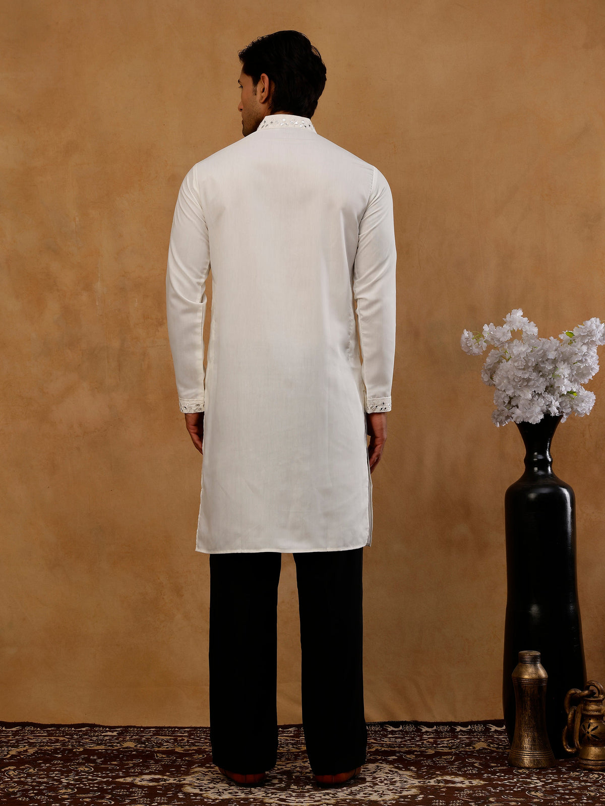 Men's Silk Embroidered Kurta With Korean Pants ( JOKP PJ11B S 5045 White )
