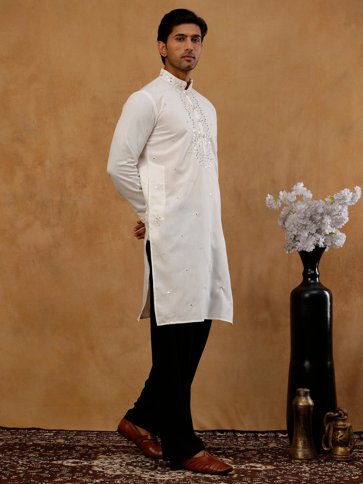 Men's Silk Embroidered Kurta With Korean Pants ( JOKP PJ11B S 5045 White )