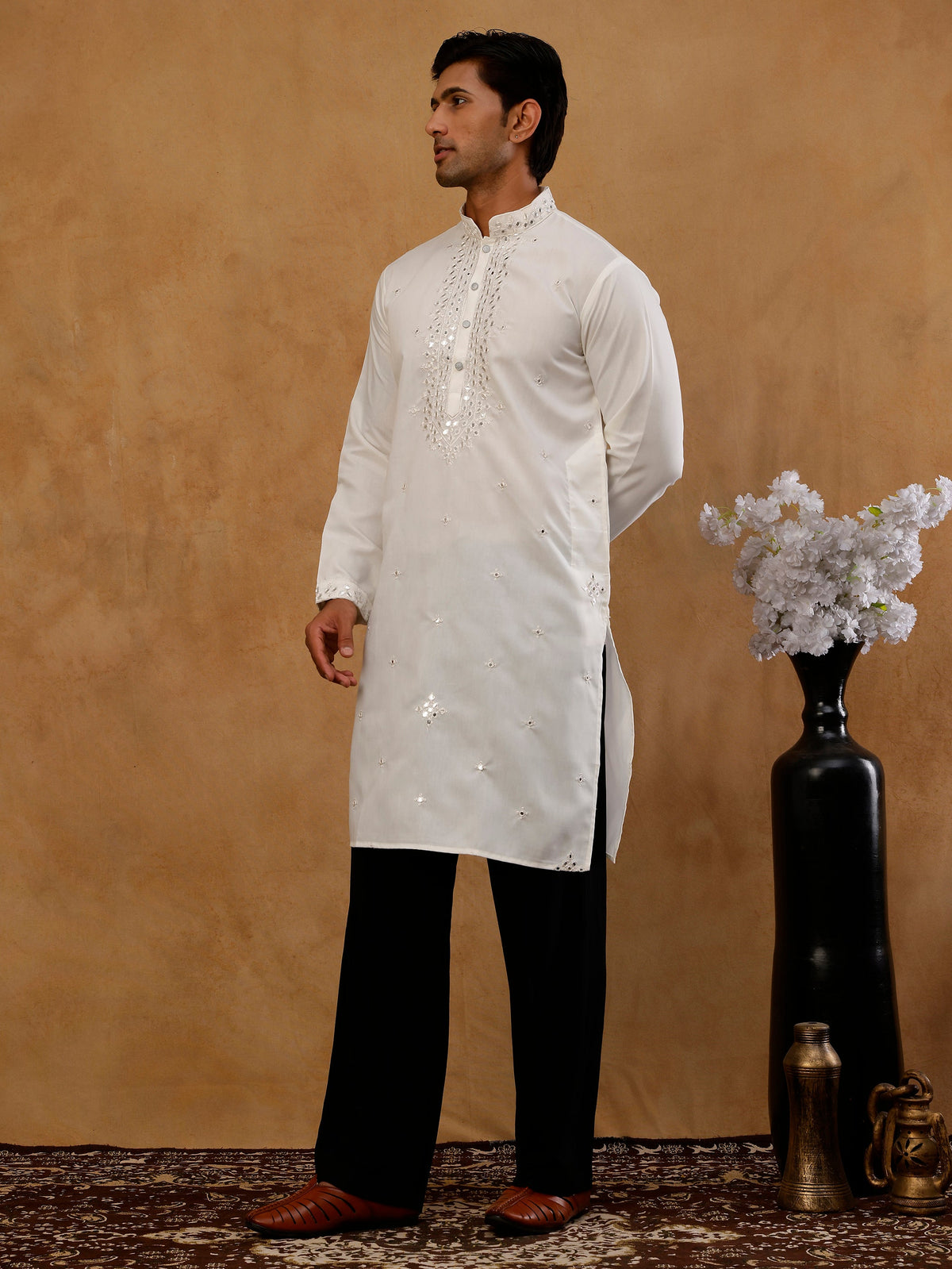 Men's Silk Embroidered Kurta With Korean Pants ( JOKP PJ11B S 5045 White )