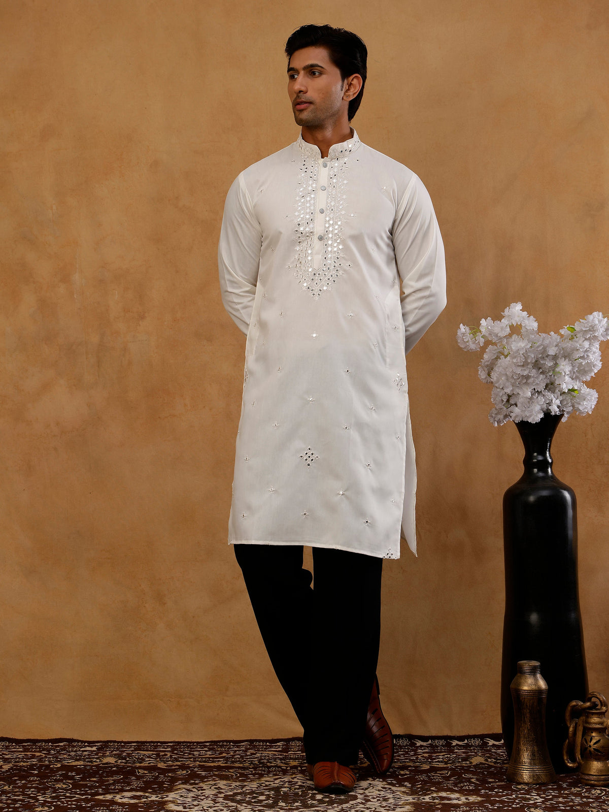 Men's Silk Embroidered Kurta With Korean Pants ( JOKP PJ11B S 5045 White )