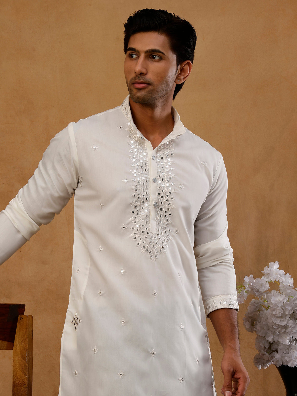 Men's Silk Embroidered Kurta With Korean Pants ( JOKP PJ11B S 5045 White )