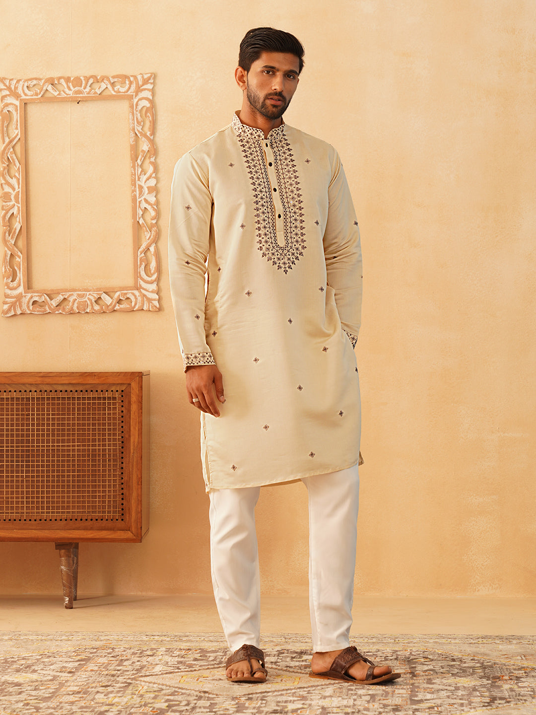 Men's Sequins Embroidered Kurta With Pyjama ( JOKP P 5046Cream )
