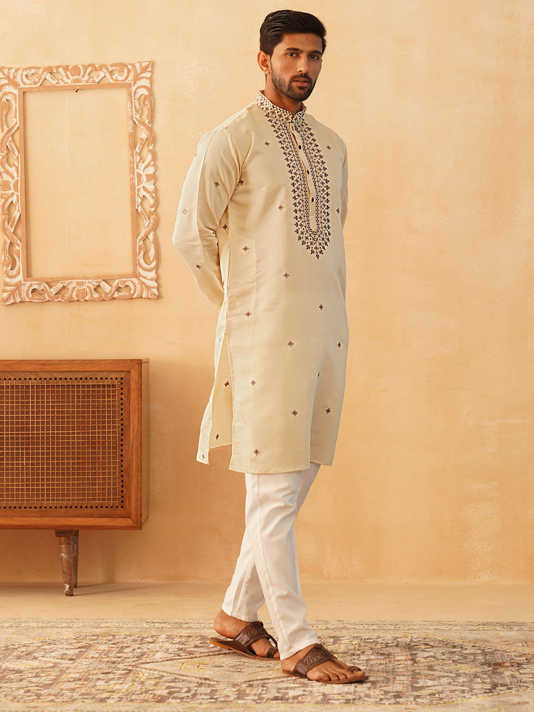 Men's Sequins Embroidered Kurta With Pyjama ( JOKP P 5046Cream )