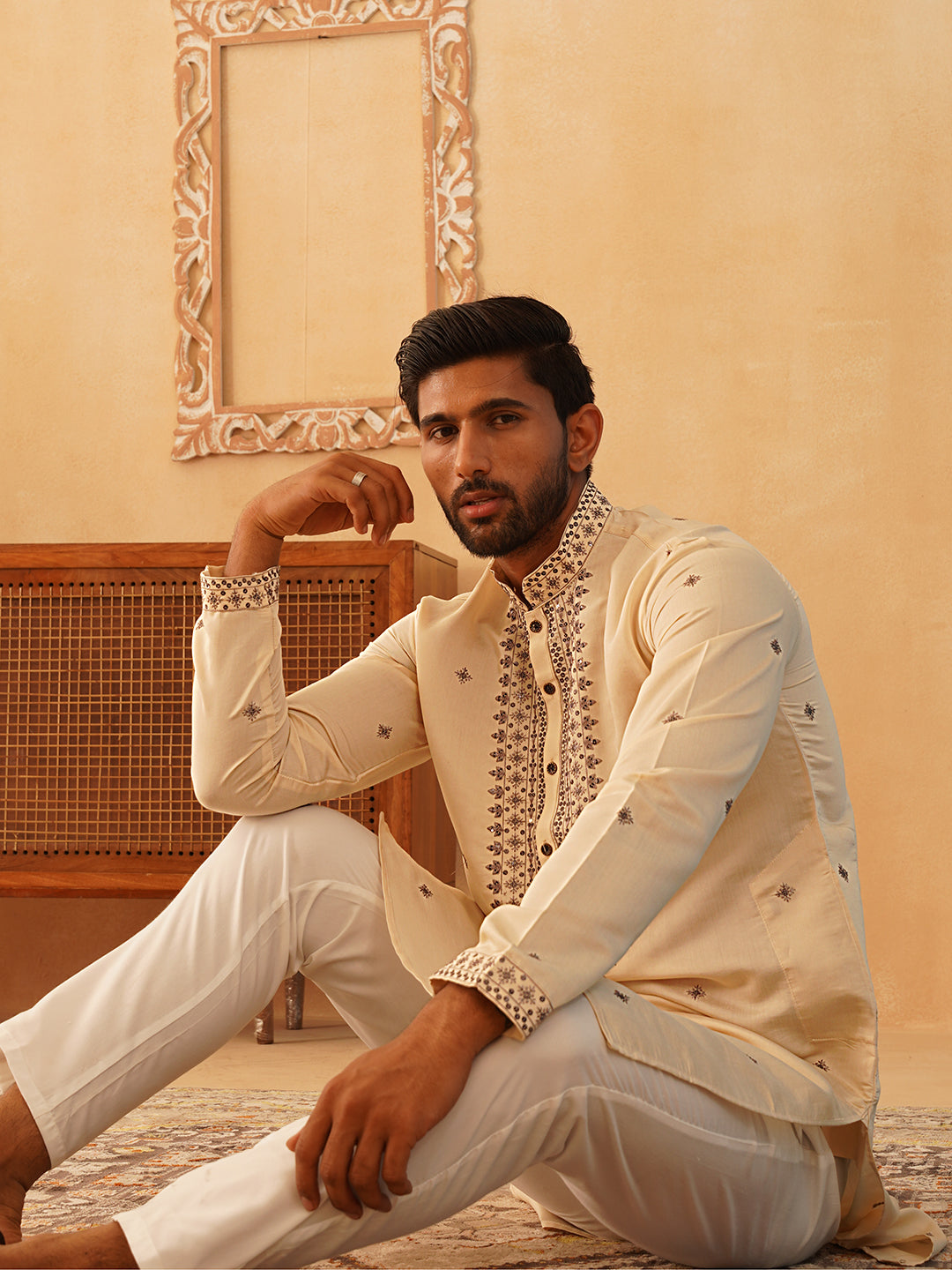 Men's Sequins Embroidered Kurta With Pyjama ( JOKP P 5046Cream )