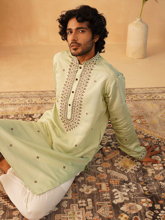Men's Sequins Embroidered Kurta With Pyjama ( JOKP P 5046Pista )