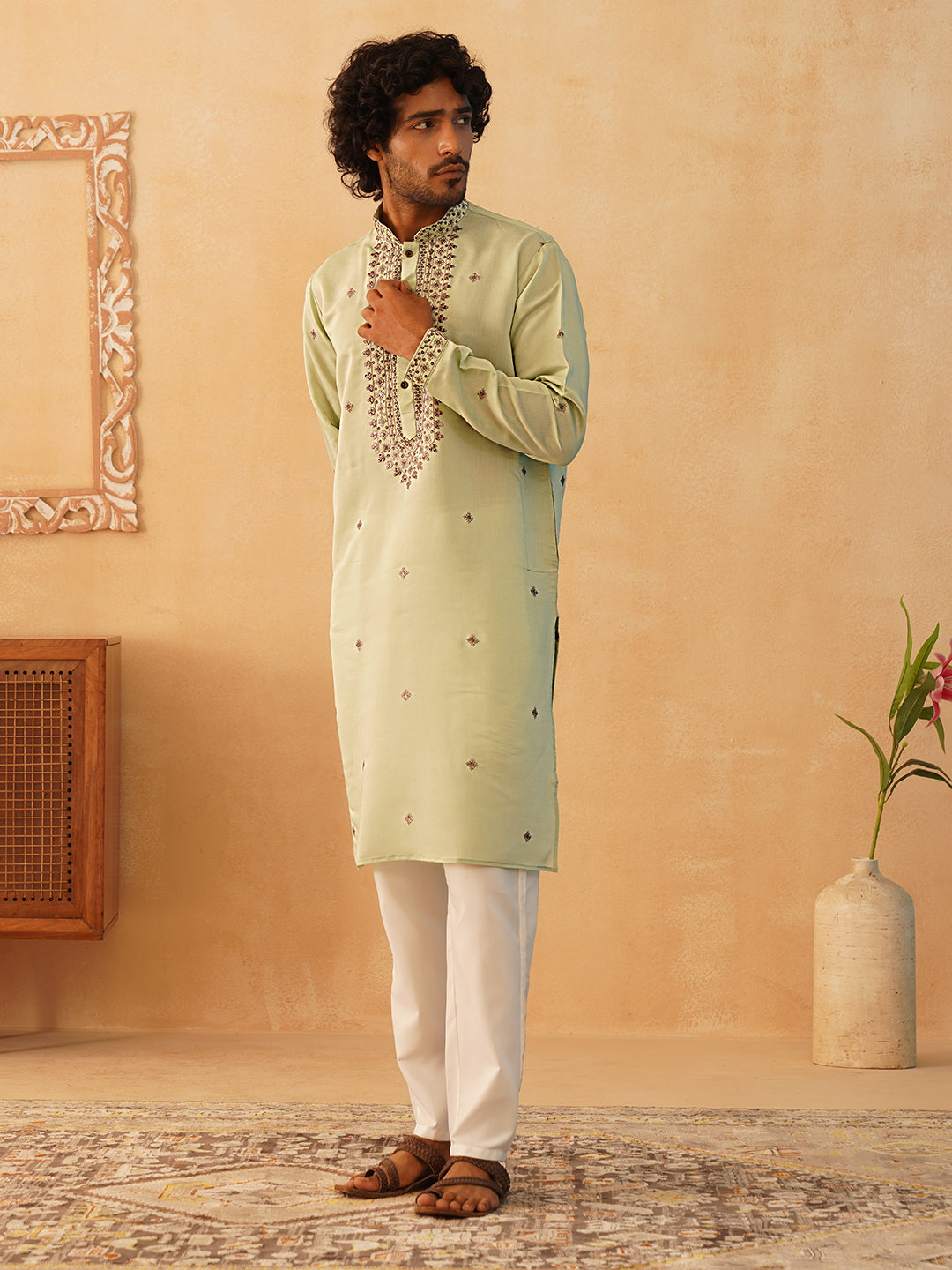 Men's Sequins Embroidered Kurta With Pyjama ( JOKP P 5046Pista )