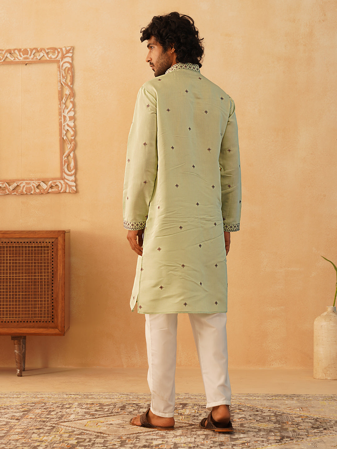 Men's Sequins Embroidered Kurta With Pyjama ( JOKP P 5046Pista )