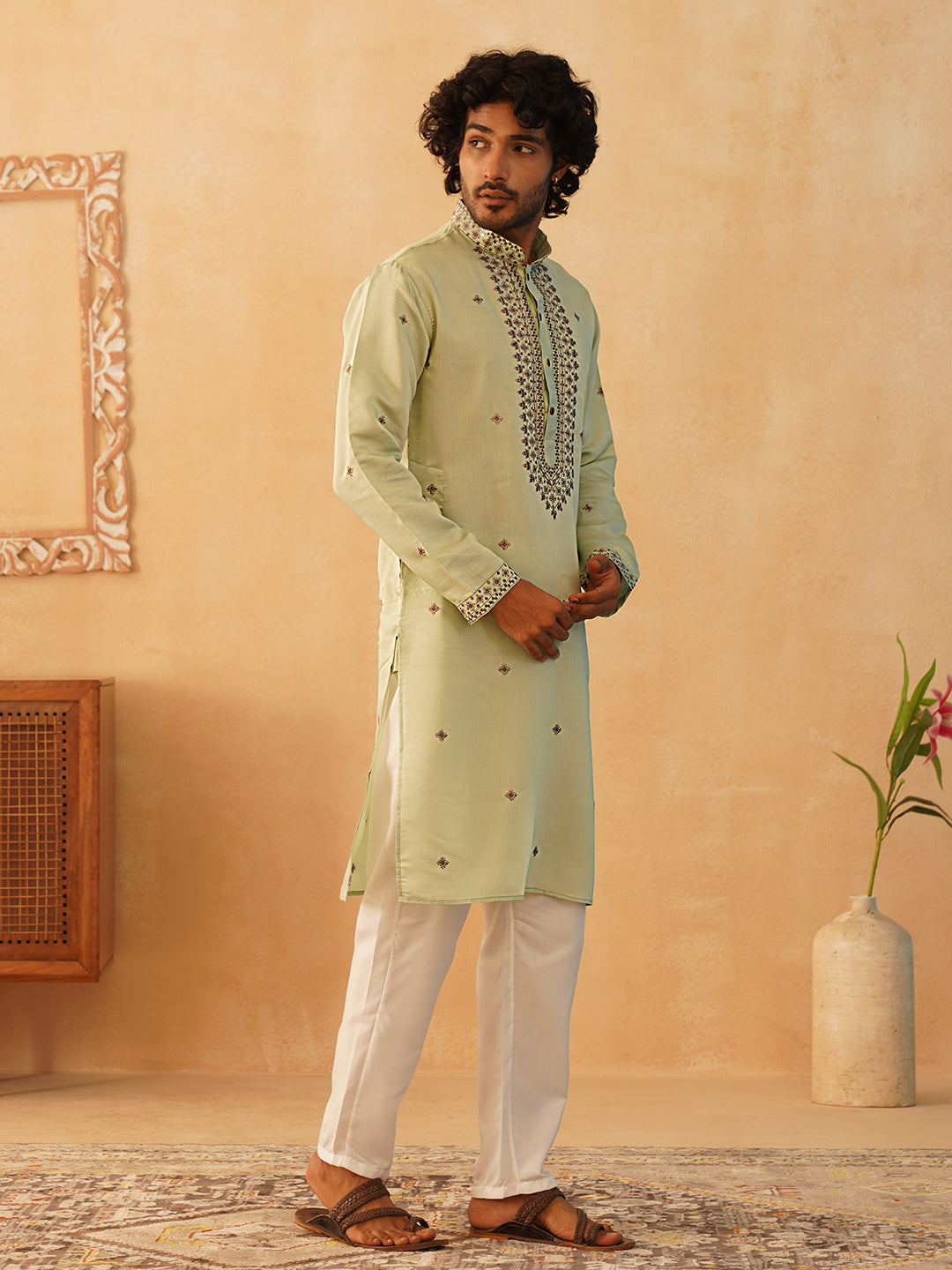 Men's Sequins Embroidered Kurta With Pyjama ( JOKP P 5046Pista )