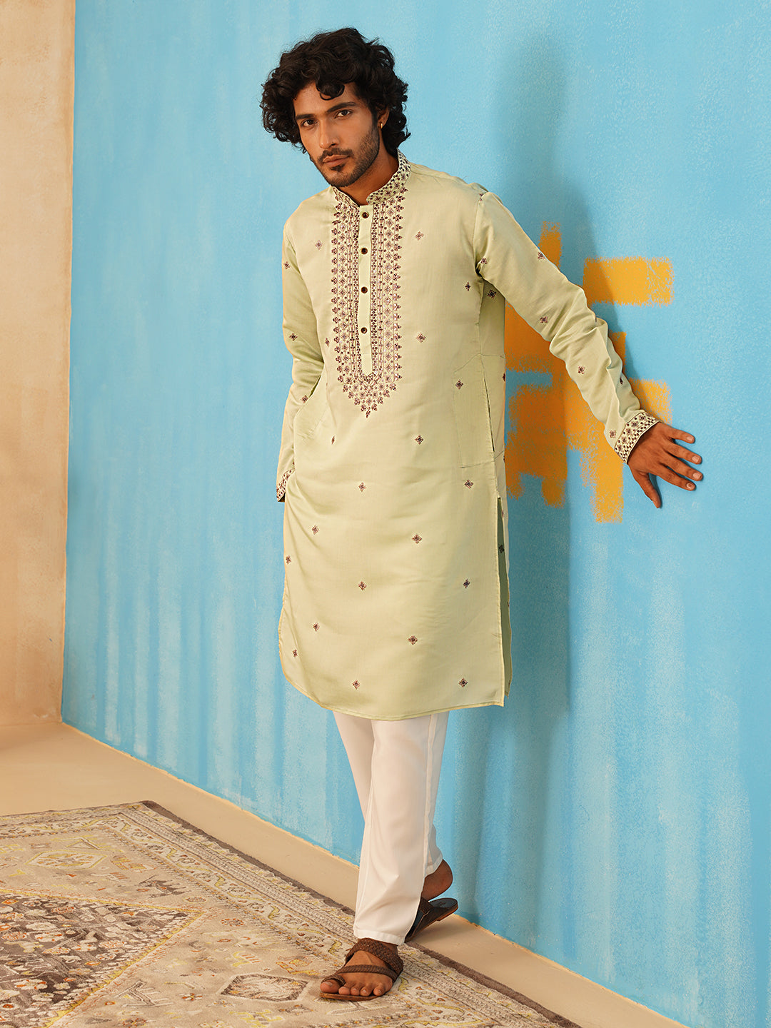 Men's Sequins Embroidered Kurta With Pyjama ( JOKP P 5046Pista )